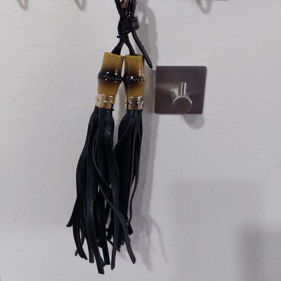 Belted Fashion Double Tassel Bag Charm Keychain Black Faux Leather - Picture 1 of 10